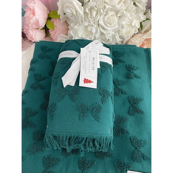 Bella Lux Hand & Bath Towels Set Christmas Collection Green Bows Set of 4 - Picture 2 of 8